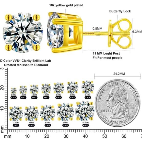 Moissanite Stud Earrings Screw Back 3-10mm 0.2ct-8.0ct 18K White Yellow RoseGold - Picture 4 of 7